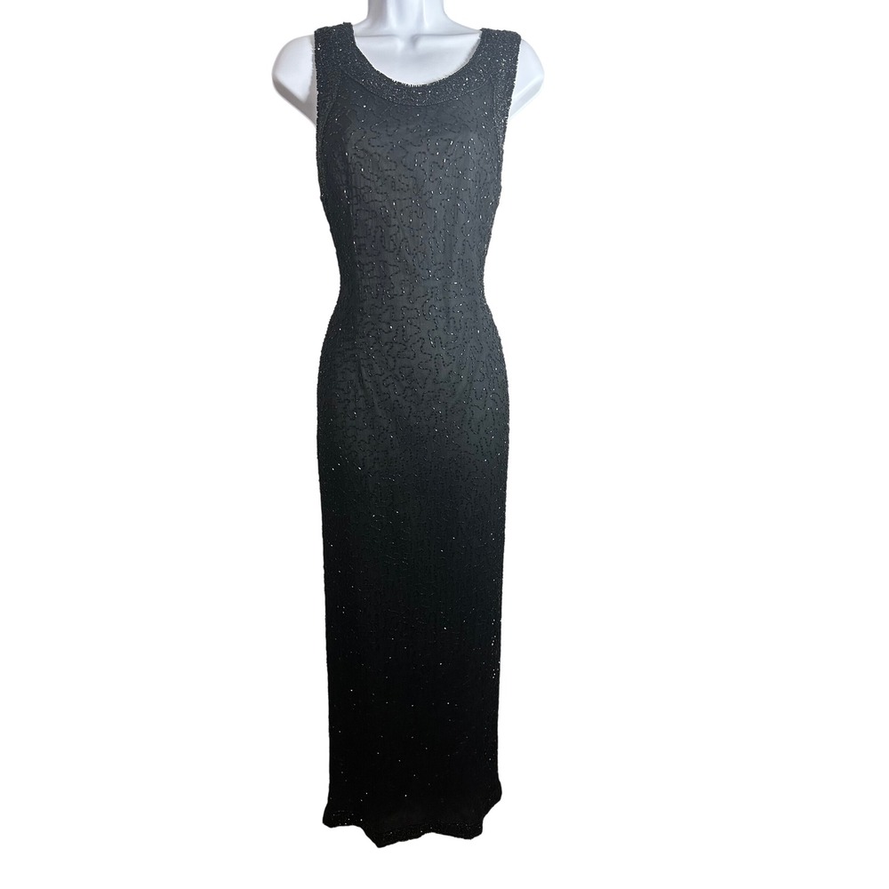 Laurence Kazar Vintage Black 100% Silk Beaded Maxi Gown Dress Size Large Formal